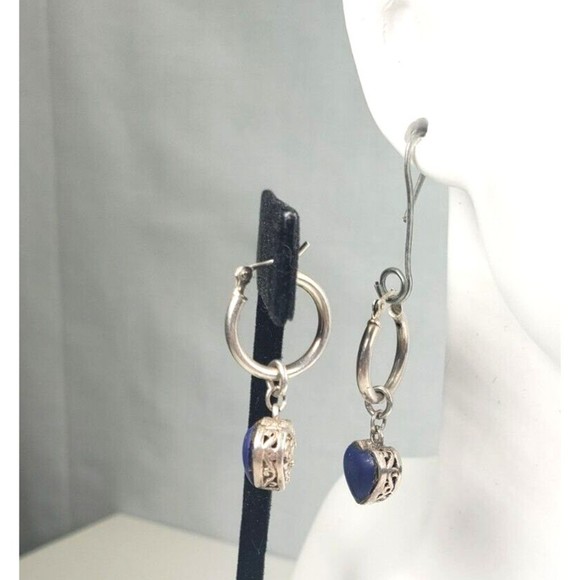 Stirling Silver 925 Lapis Heart Shaped Blue Gemstone Small Hoop Earrings - Picture 2 of 13